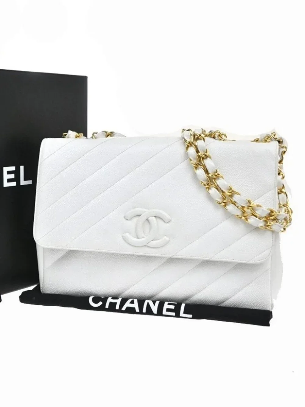 CHANEL CC Chain Shoulder Bag Grained Calfskin Leather White Vintage